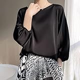 Camisas Mujer Elegantes,Blusa De Satén De Seda Para Mujer Camisa De Manga 3 4 Elegante Camisa De Cuello Redondo De Color Sólido Negro Blusa Puños Elásticos Tops Sueltos Fiesta Informal En La Pla
