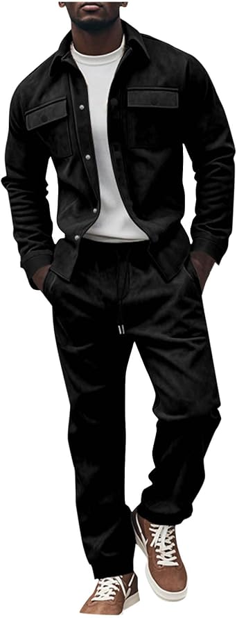 Cargo Tracksuit Men 2 Piece Outfits Button Down Suede Jacket and Pants Sets Athletic Sweatsuit with Flap Pockets