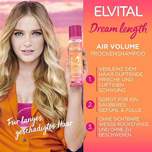 Foto von L'Oréal Paris Elvital Trockenshampoo für plattes Haar, 24h Duft, Ohne sichtbare Rückstände, Gegen fettende Ansätze, Mit Vitaminen und Rizinusöl, Dream Volume Dry Shampoo, 1 x 200 ml