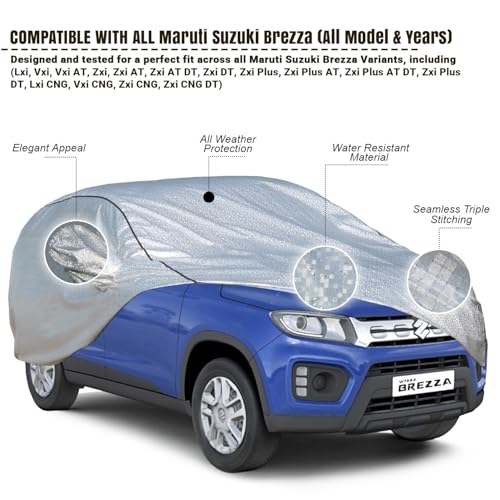 Image of Pivalo Car Cover for Maruti Brezza All Model & Years (2016-2025) 100% Waterproof with Mirror Pockets, Triple Stitched Bottom Elastic Dustproof Full Body Protection (Heat & UV Resistant, Silver)