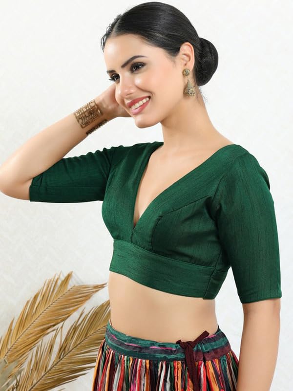 Image of Dupion Silk Solid Non Padded Saree Blouse Top V-Neck Short Sleeves Hook and Eye Closure and Tie-Up Back Choli