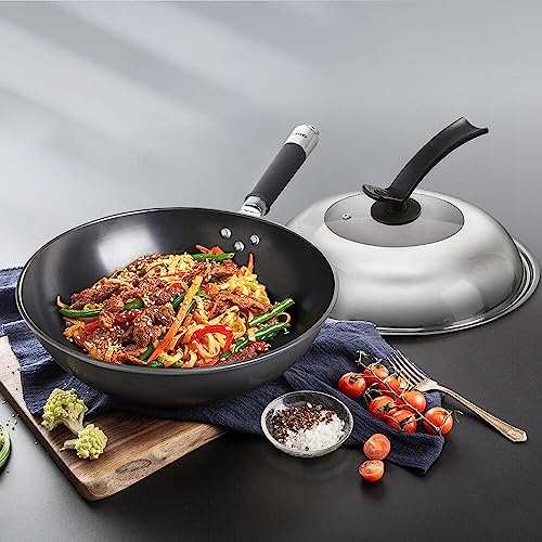 Kakulo 12 Inch Wok Stir Fry Pan With Lid, Carbon Steel Wok Pan With Lid, Iron Cast Wok Iron Skillet Iron Wok Pans With Flat Bottom, Carbon Steel Fry Wok With Detachable Handle - Induction Compatible #TOP3