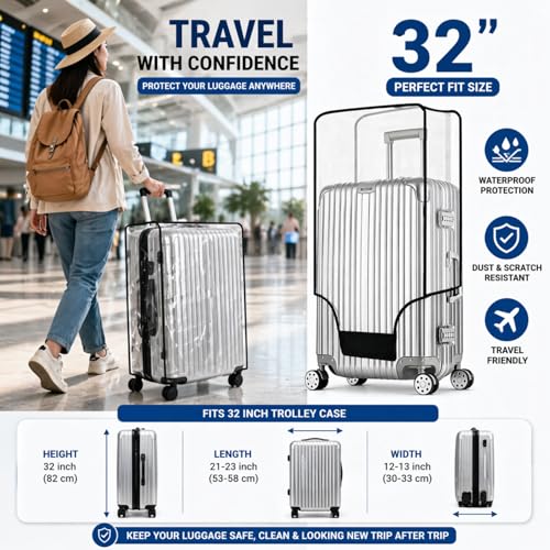 Image of Cover for Hard Luggage Trolley Bags Transparent Protective Covers PVC Fabric Waterproof Clear Suitcase Cover Protectors Travel Dustproof Luggage Cover (32 inch)