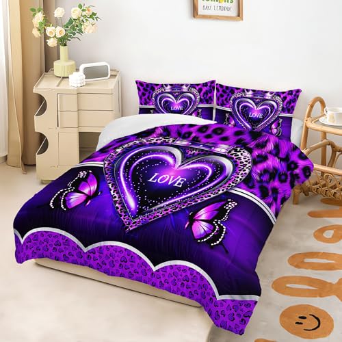 Image of AILONEN Purple Heart Bedding Set Queen Size,Luxury Leopard Print Comforter with 2 Pillowcases for Girls Women,3-Piece Crown Butterfly Quilt Set for Home Decor