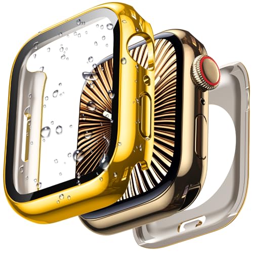 Image of 3 in 1 Goton Waterproof Hard Case for Apple Watch Screen Protector 42mm, 360 Slim Full Protective Tempered Glass Face Cover + Back Hard PC Bumper for iWatch Series 11 /10, 42mm Gold