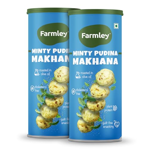 Image of Farmley Roasted Makhana, Minty Pudina Flavour | 77g Each | Healthy Snack Roasted in Olive Oil | Guilt-Free & Crunchy Munchies | Pack of 2