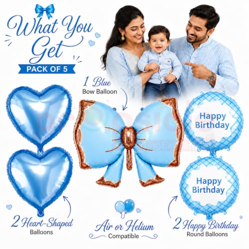 Image of Propsicle Bow Foil Balloons for Birthday Decoration Blue Boys | Bow theme foil balloon set for kids birthday party with star and round balloons