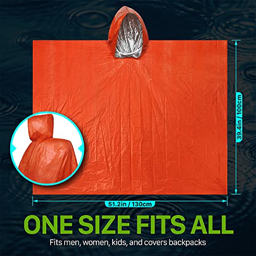 Fospower Emergency Rain Poncho [4 Pack] [Retains 90% Body Heat] Reusable Weather Resistant Raincoat For Men, Women, Adults, Camping, Hiking, Emergency Supplies & Survival Kits (Green + Orange) #TOP3