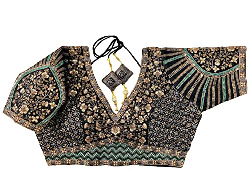 Image of Pujia Mills Mills Women's Fancy Readymade Heavy Coding Embroidary Worked Half Sleeve Multicolor Saree Blouse(Mushroom)