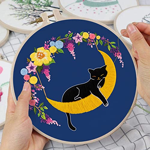 Image of Louise Maelys Cat Moon Embroidery Kit for Beginners Floral Design | Cross Stitch Kits for Adults Create Relaxing Crafts. Needlepoint Kit for Handmade Decor, Gifts and Creative Projects