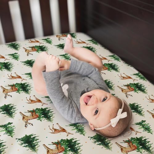 Image of BROLEX Baby Fitted Crib Sheets: Kid Crib Sheets - Set of 2 for Toddler Standard Size Crib Mattress for Boys and Girls - Jersey Knit Crib Bed Sheets Sika Deer&Foliage