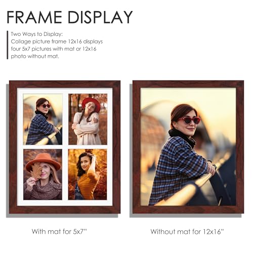 Image of DUENPY 12x16 Picture Frame 5x7 Collage Picture Frame Displays Four 5x7 inch Photos or 12x16 (Without Mat) for Available Horizontal Wall Mounting Display and Vertical Redwood