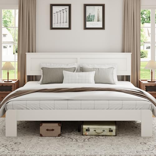 YHJIV Wood King Bed Frame with Headboard, Rustic Farmhouse Platform Bed Frame with 12 Wood Slats Support, No Box Spring Needed (White, King)