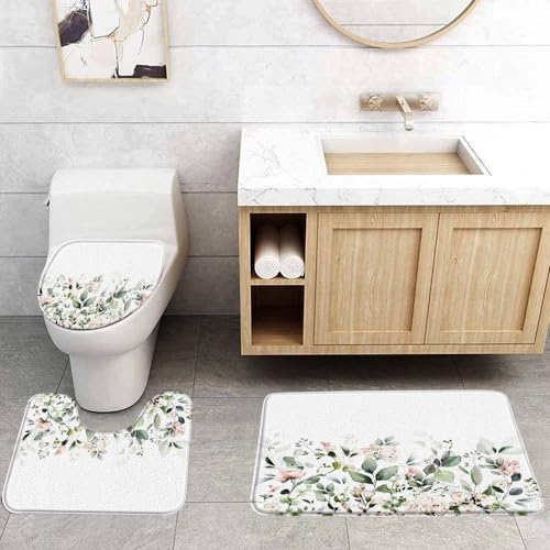 VPUPCN Green Leaves 3 Pcs Bath Rugs Set,Sage Green Eucalyptus Leaf Watercolor Nature Floral Plant Botanical Spring Bathroom Kitchen Rug with 17.8