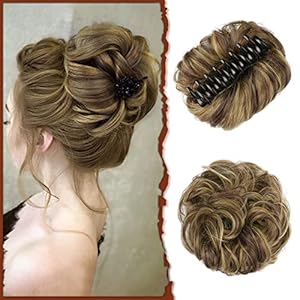 SOFEIYAN Claw Clip Messy Bun Hair Piece Wavy Curly Hair Bun Clip in Claw Chignon Ponytail Hairpieces Synthetic Tousled Updo Hair Extensions Scrunchie Hairpiece for Women, Blonde & Medium Brown