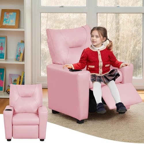 Image of Kids Recliner Chair w/Cup Holder, Toddler Recliner Chair Ages 1-4, 2-in-1 PU Leather Single Sofa for Boys/Girls, Kids Lazy Boy Chairs, Upholstered Armchair, Adjustable Backrest & Footrest (Pink-New)