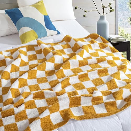 Image of Elegant Comfort Checkered Throw Blanket, Gold Super Soft Cozy Fluffy Warm Throw Blankets for Couch, Sofa, Chair, Bed, Camping, Picnic, Travel Lightweight Bed Blanket (50 inch x 70 inch)