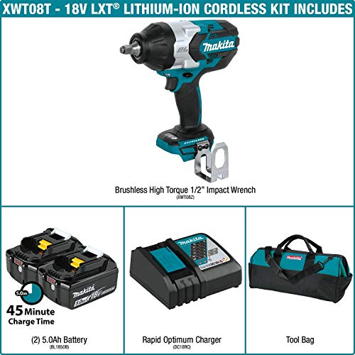 Makita Xwt08T 18V Lxt® Lithium-Ion Brushless Cordless High-Torque 1/2" Sq. Drive Impact Wrench Kit W/Friction Ring Anvil (5.0Ah) #TOP1