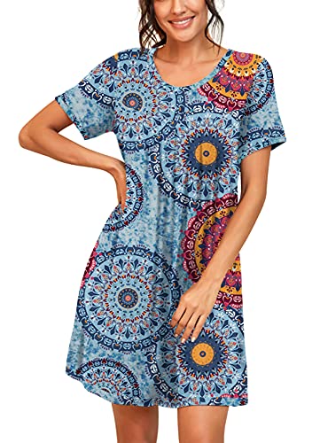 Image of PrinStory Nightgowns for Women Short Sleeve Night Gowns Pleated Sleep Shirt Ladies Nightshirt Soft Sleepwear