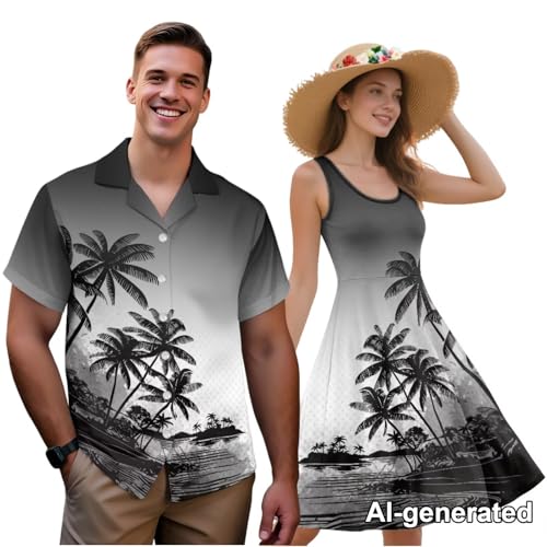Image of Hawaii Matching Couple Outfits Husband and Wife Clothing Fashionable Mens Casual Shirts Hawaii Dress with Soft Fabric