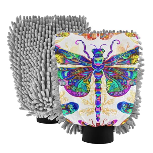 IOACIY Absorbent Microfiber Car Wash Drying Mitts, 2 Pack, Scratch-Free & Lint-Free, Rich Foam, Highly Absorbent, Double Sided, Wash Mitt Perfect for Car Washing, L, Dragonfly (4)