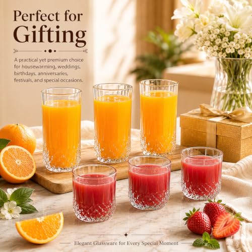 Image of bellemax Premium Dotted Design Water & Juice Glasses, 240 ML & 270 ML Combo, Drinking Glasses for Home, Kitchen, Dining, Party & Everyday Use Set of 12