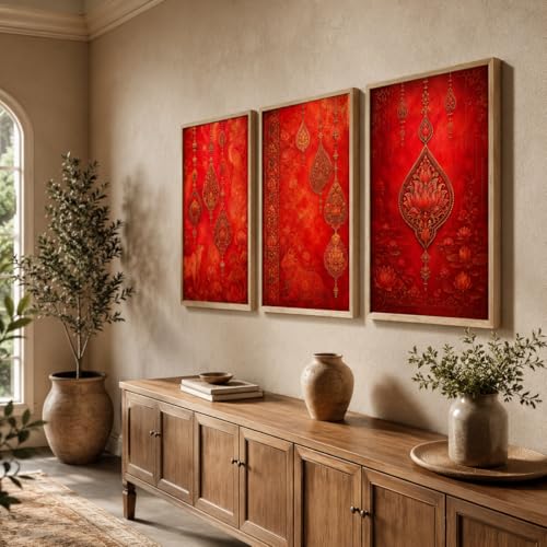Image of Livin'luxe Set of 3 Red Ethnic Ornament Wall Paintings for Living Room Bedroom Home Decor with Premium Wooden Color Synthetic Frame (25.5 x 19.5 Inch) NM03-96