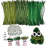 LGIFUTMAX 450 Stück 300 Pfeifenputzer zum Basteln 3 Verschiedene Grün Pfeifenreiniger Chenilledraht 30cm,150 Selbstklebende Wackelaugen,Pipe Cleaner für DIY Projekte und Basteldeko für Kinder