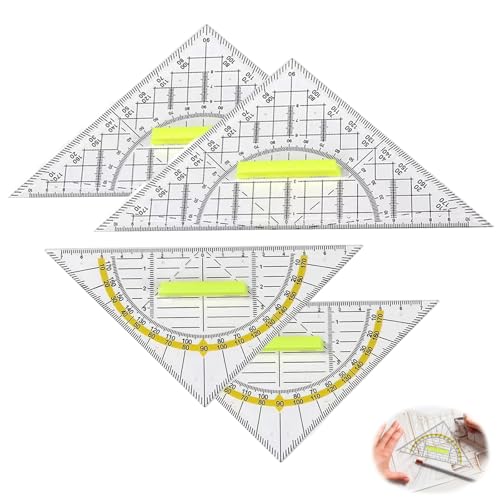 Lot de 4 équerres avec poignée, géométrique, triangulaire, antidérapant, léger, en plastique transparent, géométrique, flexible, idéal pour les...