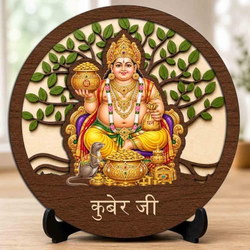 Image of Kuber Ji Round Wooden Devotional Idol with Stand for Puja Room, Home Decor & Religious Gift - 5x5 Inch