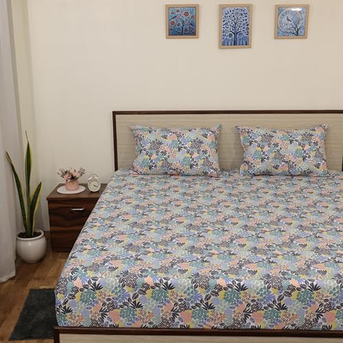 Image of King Size Bedsheet - Garden Floral Print - 108 x 108 Inches - Brushed Microfiber Flat Sheet with Pillow Covers - Soft, Cooling, Wrinkle & Fade Resistan