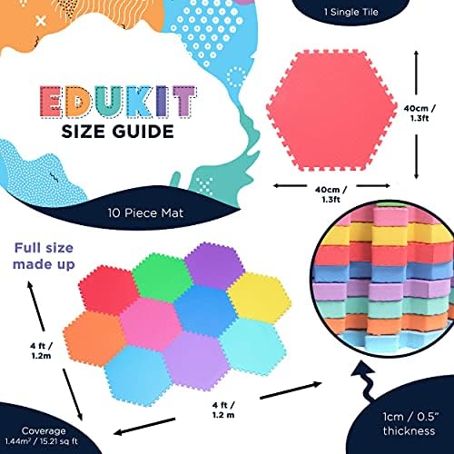 Edukit Hexagonal Foam Play Mat Tiles  10 Pack  Interlocking Floor Mats for Children  Multicoloured EVA Foam Tiles