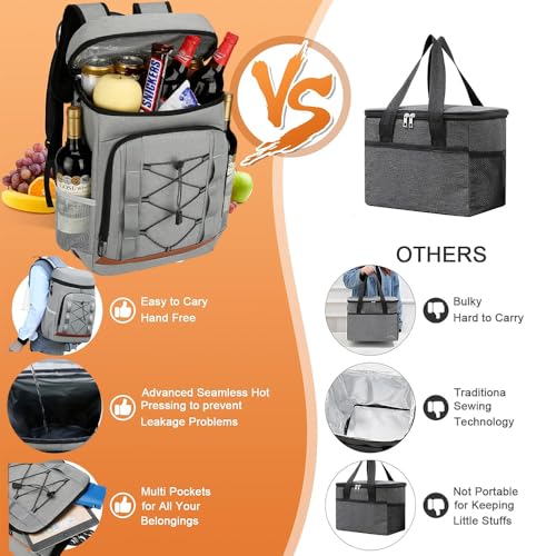 LANHUIYY Kühlrucksack 30L Kühltasche Rucksack Thermo Rucksack Picknickrucksäcke Kühltasche Groß Isoliert Cooler Bag Männer Frauen für Picknick/BBQs/Camping/Ausflügen/Einkaufen (grau, 30L)