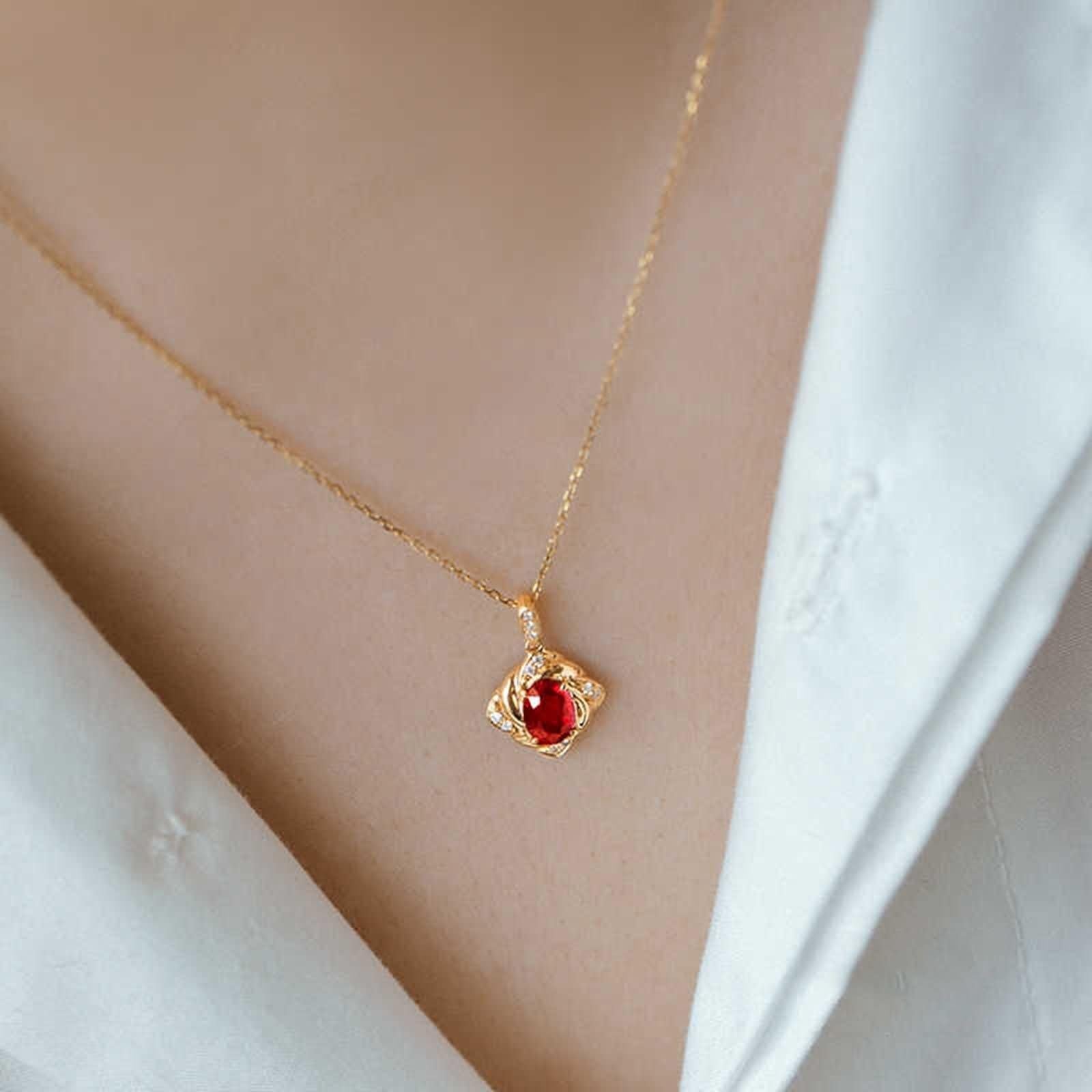 Łańcuszek na szyję długi dla kobiet, łańcuszek damski, na rocznicę, owalny, 0,4 ct rubin i diament żółte złoto