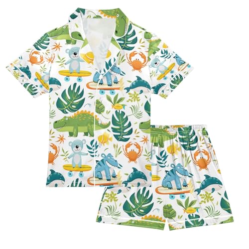 senya Forest Skateboard Dinosaur Satin Summer Pajama Sets Silk Short Sleeve Button Down Sleepwear
