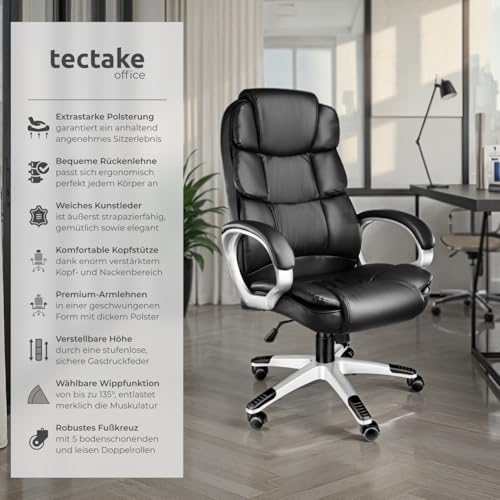 tectake® Chefsessel, Bürostuhl mit 12 cm Polsterung, Schreibtischstuhl mit Armlehnen...