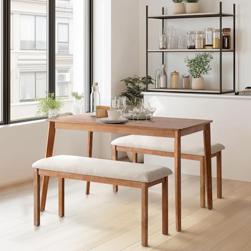 Image of Farmhouse Wooden Dining Bench, French Country Small Upholstered Bench Seat