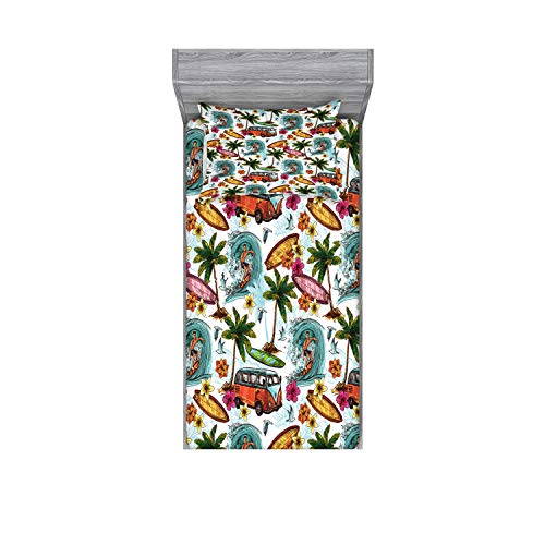 Ambesonne Ocean Fitted Sheet & Pillow Sham Set, Hawaiian Surfer On Wavy Deep Sea Retro Style Palm Trees Flowers Surf Boards Print, Decorative Printed 2 Piece Bedding Decor Set, Twin, White Teal #TOP30