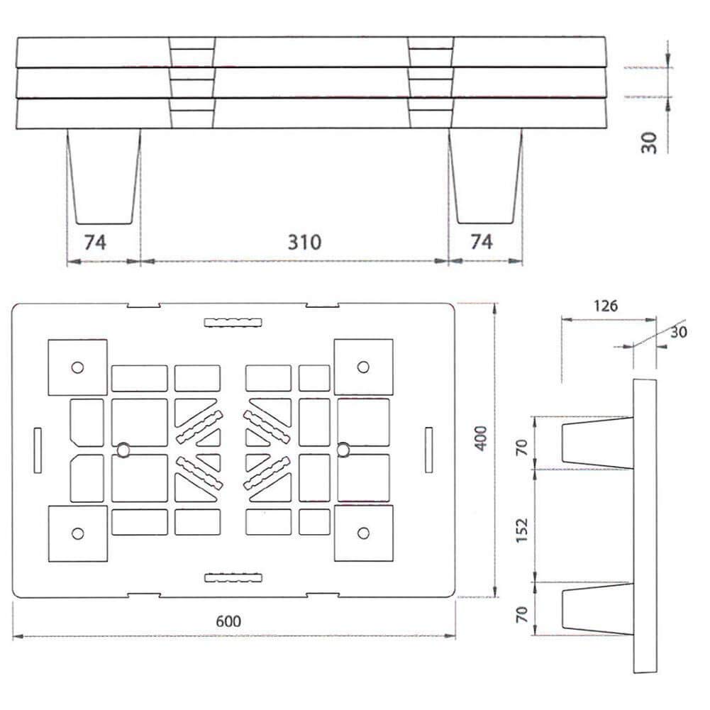 Pallet in plastica riciclata (PP), Mis. 400 L x 600 P x 124 H mm, con 4 piedi, piano forato, portata statica 700 Kg, portata dinamica 200 Kg