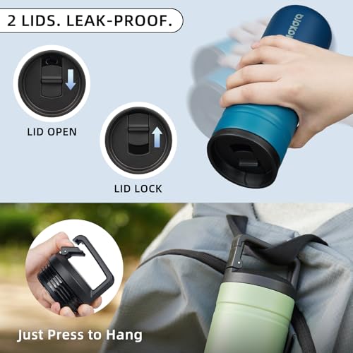 Image of BJPKPK 20 oz Insulated Travel Water Bottle, Coffee Tumbler Stainless Steel | Double Wall Vacuum, Leakproof, Thermal, Keeps Hot /Cold, BPA Free, Dishwasher Safe, Spill Proof, Wide Mouth, 2 Lids, Sea
