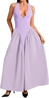 Deep V Neck Dress, Halter Maxi Dresses, Vacation Date Night, Sexy for Women Corset Flowy Wedding Guest Drop Waist