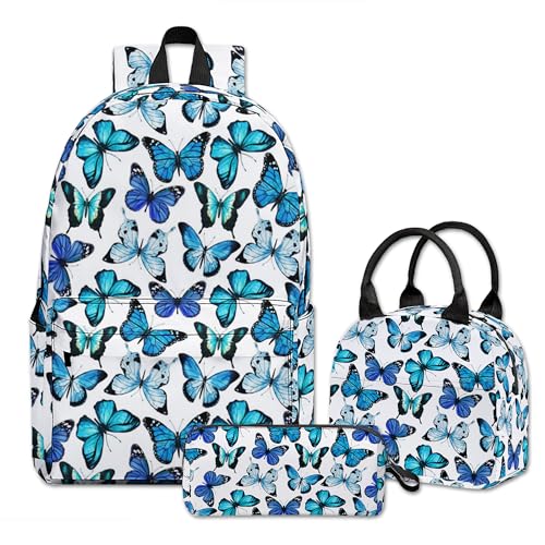 Butterfly Printed Backpack Set, 3 Piece Backpack Set with Lunch Box Pen Box for Boys Girls, High Capacity Bookbag Lunch Bag Pencil Case for Men Women Workplace Travel