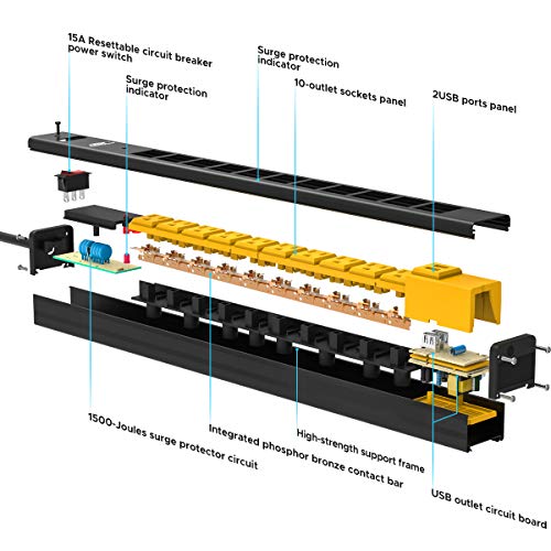 Crst 10-Outlet Heavy Duty Power Strip Surge Protector With Usb(3.4A) 6 Feet Extension Cord With Mounting Brackets 15A Circuit Breaker 1500 Joules #TOP4