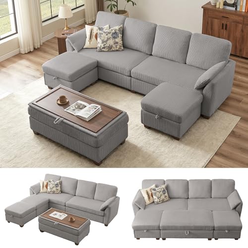 Portaforta 102.3" U Shaped Sofa with 2 Movable Ottomans & 1 Coffee Table Ottoman, Converts to Sofa Bed, Includes 2 Armrest Pillows, Corduroy Sectional Couches for Living Room (Light Grey)