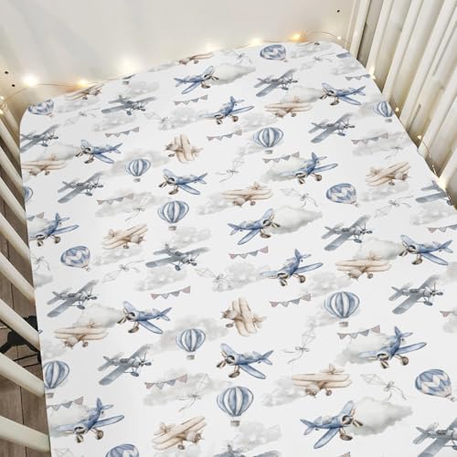 Image of Vintage Planes Airplanes Helicopters Baby Crib Sheets Boy Girl 28 inchx52 inch Hot Air Balloon Plane Clouds Sky Soft Stretchy Fitted Crib Mattress Cover Baby Sheet for Standard Crib & Toddler Mattress Pad