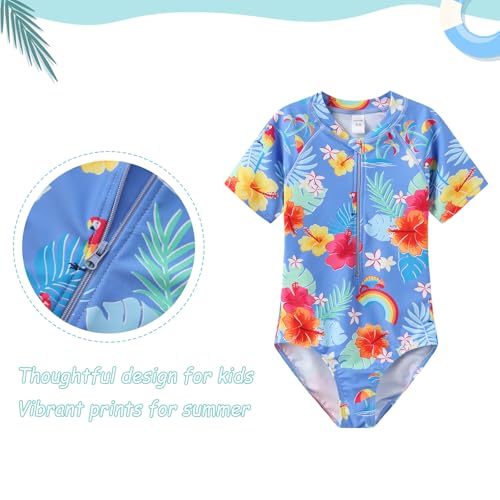 Image of Girls One Piece Rash Guard Swimsuits for Girl Short Sleeve Bathing Suits with Front Zipper Sun Protection Swimwear 3-16 Years
