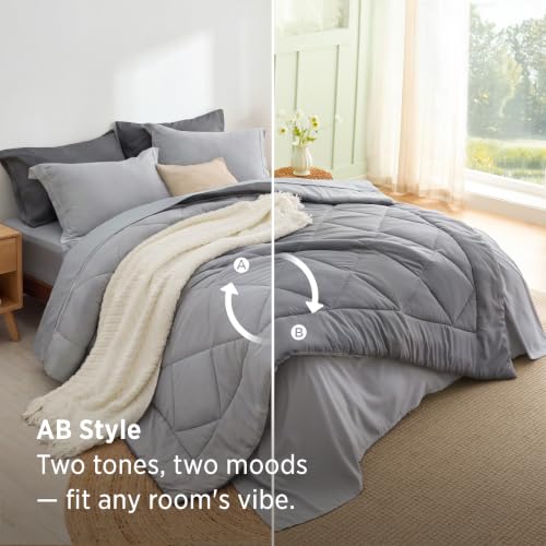 Image of Bedsure Queen Bed in a Bag Reversible Two-Tone 7 Pieces Grey /Light Grey | All seasons, inclusive, reversible, lightweight, soft, breathable, with sheets, bedding set, machine-washable