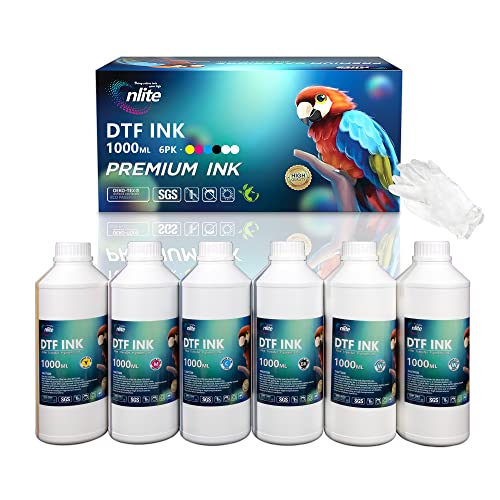Image of Enlite Premium DTF Ink 1000ML Value Pack, Water-Base Digital Inkjet Ink Refill for Direct to Film Printers with Printhead L1800 L805 R1390 4720 I3200 XP600 DX7 DX5 5113, 6-Pack(2W-1BK-1C-1M-1Y)