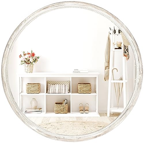 Rustic Farmhouse Circle Wall Mirror - 30 Inch Round Wooden And Beaded Framed Large Mirror For Entryways, Washrooms, Bathrooms, Living Dining Rooms - Antique Modern Circular Wall Decor - Whitewash #TOP9