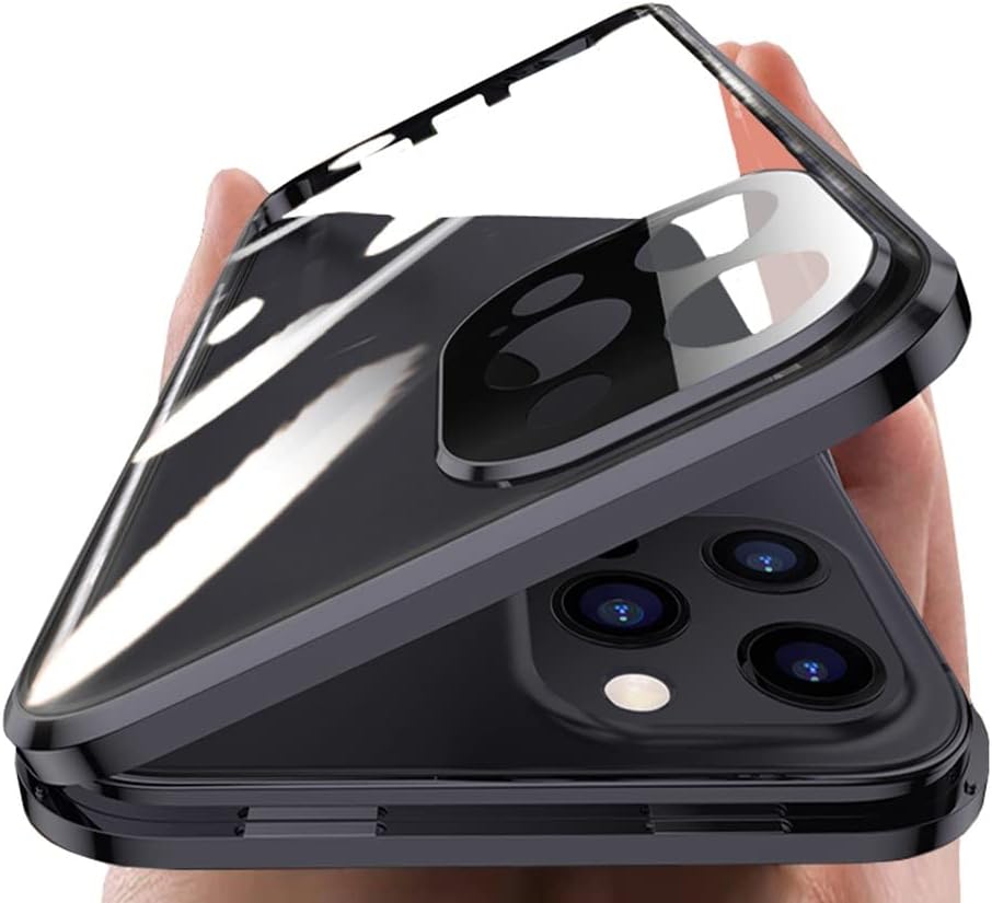 Lockable Case Compatible with iPhone 14 Pro Max Magnetic Glass Case with Camera Lens Protector Screen Protector Safety Lock 360 Full Body Glass Clear Bumper Cover (Black)